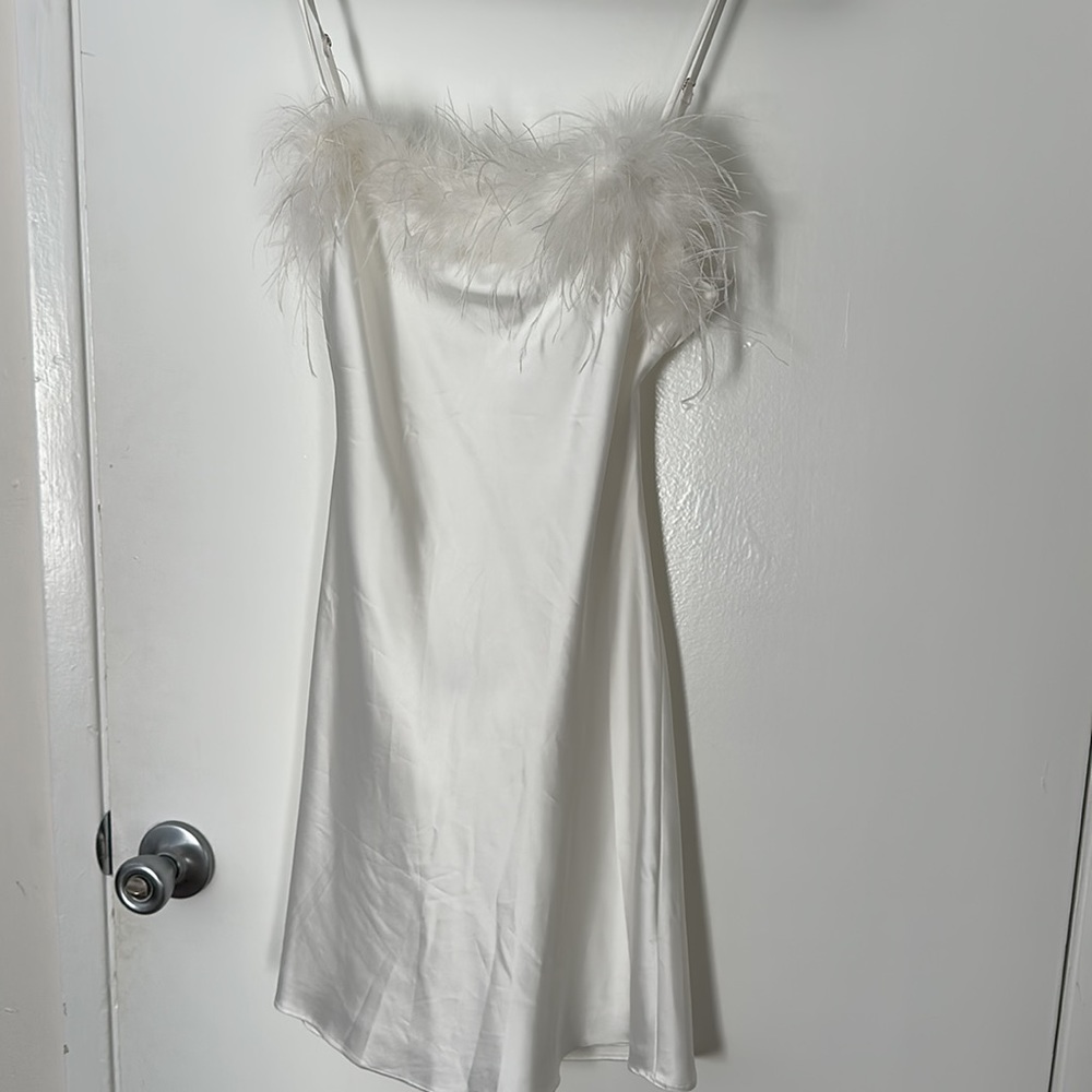 White Satin Slip Dress with Feathers